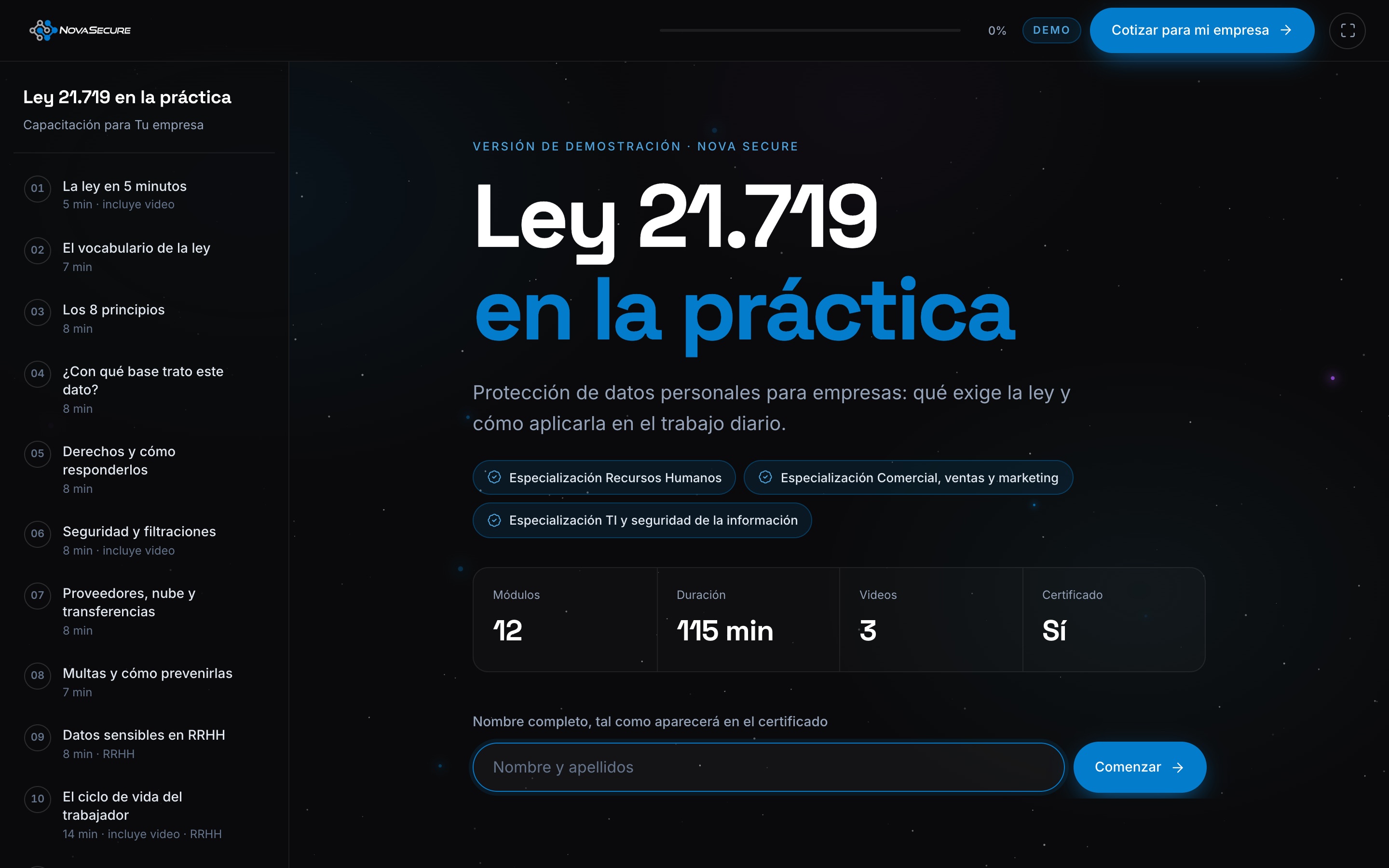 Pantalla de inicio del curso Ley 21.719 en la práctica